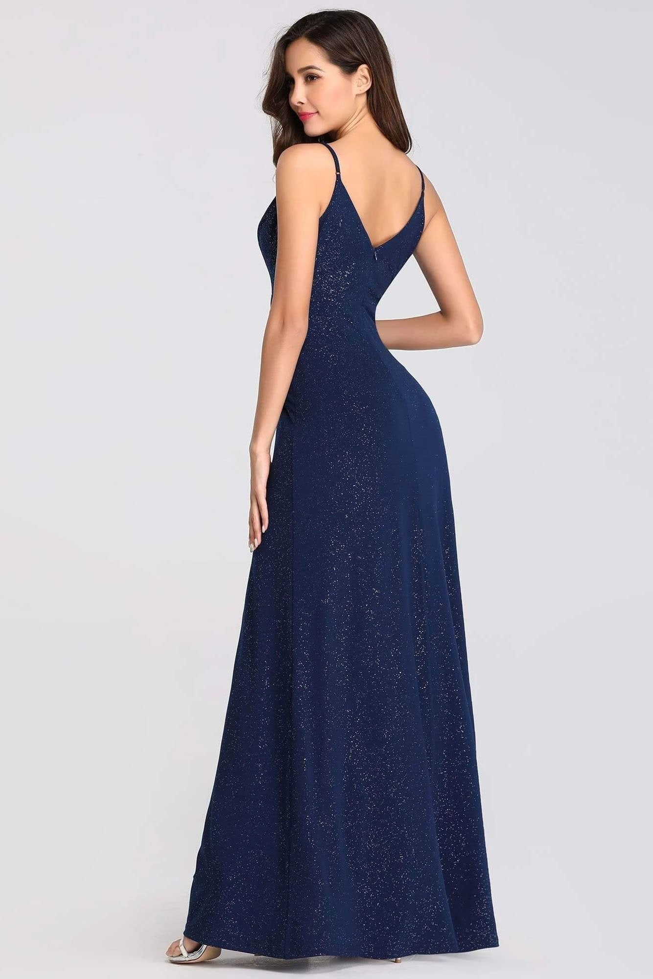 Sexy V Neck Long Spaghetti Straps Mermaid Navy Blue Prom Dresses with High Split SRS15366