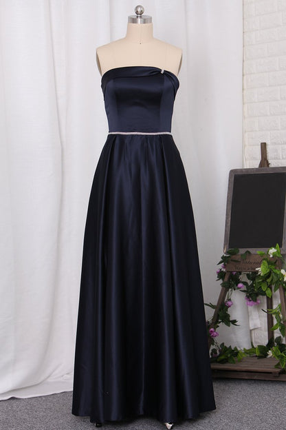 2024 Strapless A Line Bridesmaid Dresses Satin With Beading Floor Length