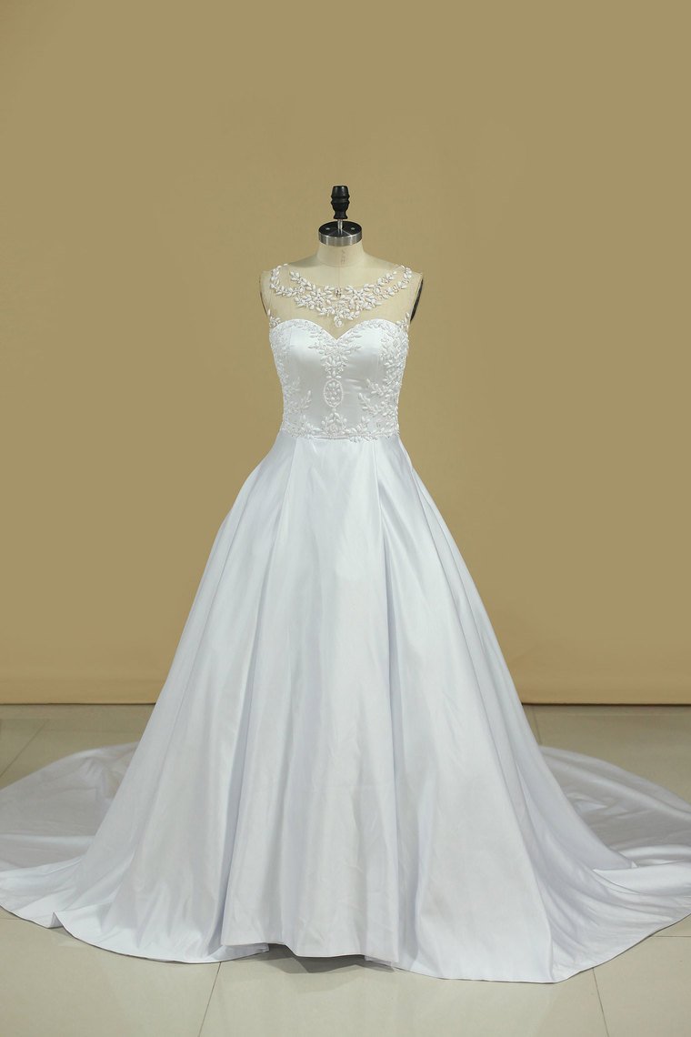 2024 A Line Scoop Wedding Dresses Satin With Beading Chaple Train