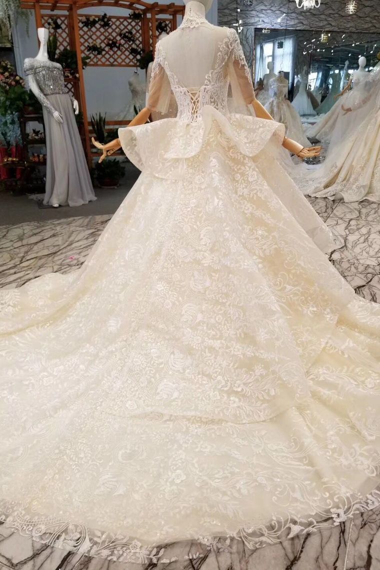 Luxury Wedding Dresses High Neck A-Line Lace Half Sleeves Open Back Cathedral Train