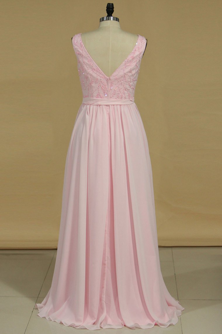 A Line Bridesmaid Dresses V Neck Beaded Bodice Chiffon Floor Length