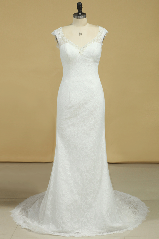 2024 Lace Wedding Dresses Sheath V-Neck Court Train Beaded Neckline