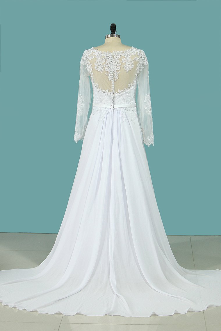 2024 Wedding Dresses A Line Scoop Long Sleeves Chiffon With Applique