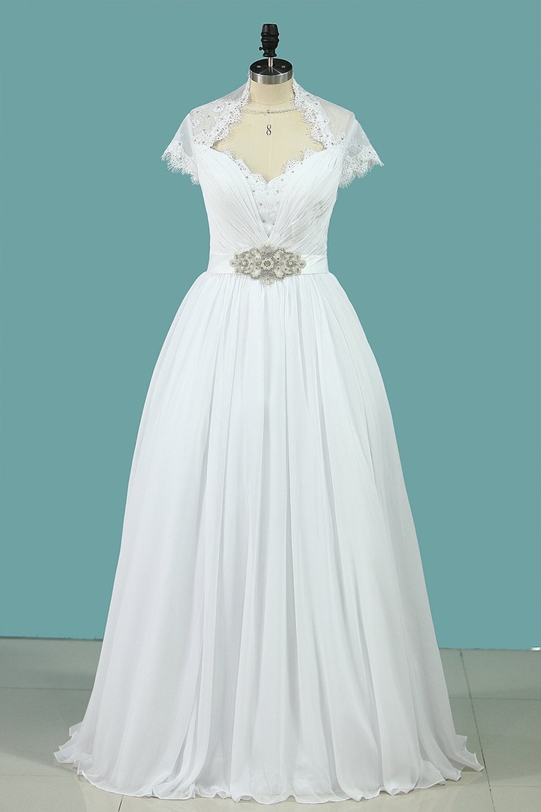 2024 A Line Wedding Dresses V Neck Chiffon With Sash Sweep Train