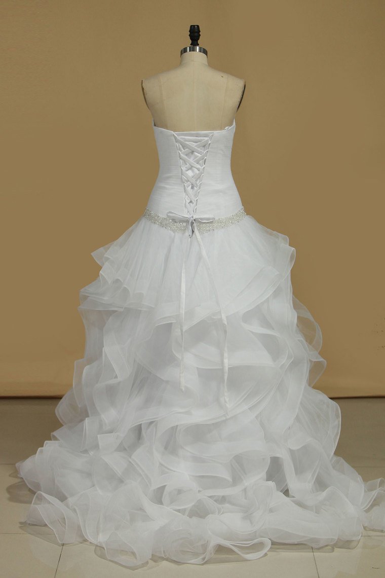 Wedding Dresses A Line Scalloped Neck Tulle With Ruffles And Beads