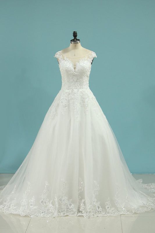 2024 Cap Sleeve Wedding Dresses A Line Tulle With Applique