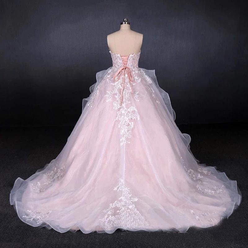 Ball Gown Strapless Sweetheart Wedding Dresses with Lace Applique, Tulle Prom Dresses SRS15070