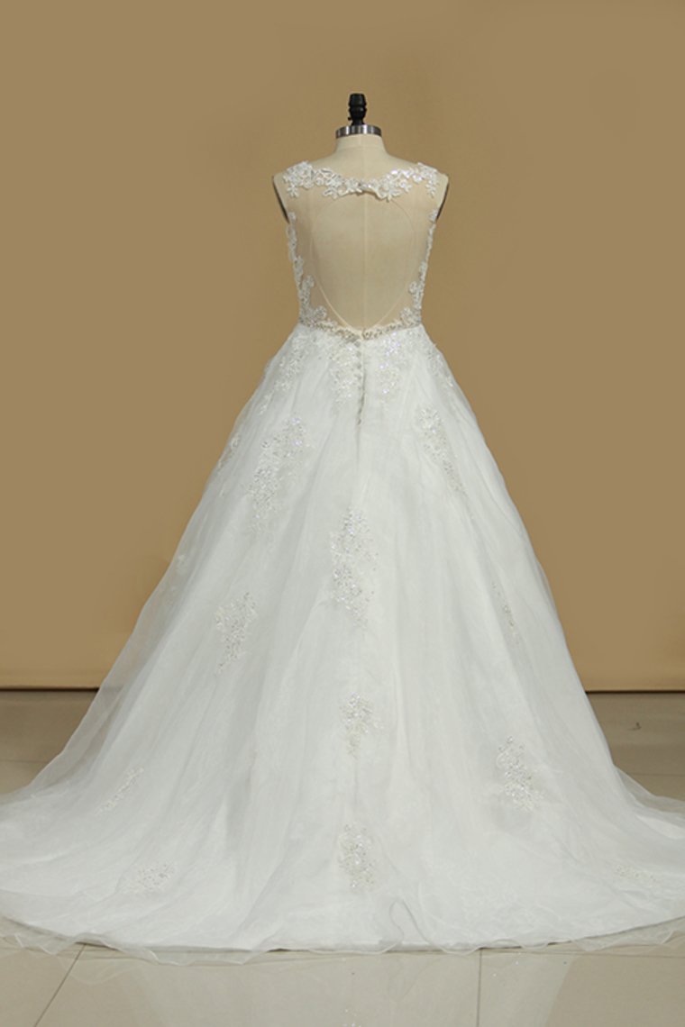 Wedding Dresses A Line V Neck Open Back Organza With Applique Court Train