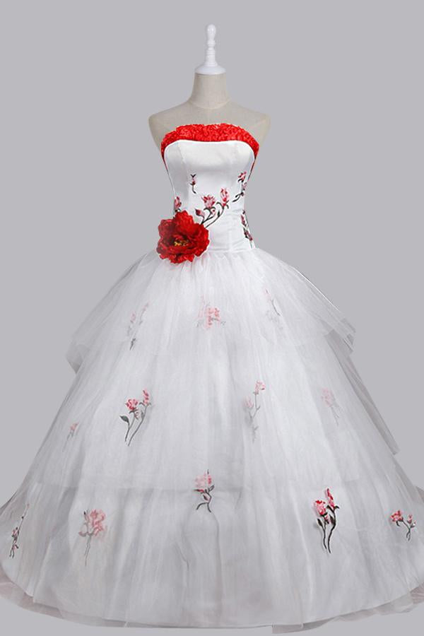 Stunning Ball Gown Strapless Wedding Dress with Embroidery Handmade Flower Lace-up JS450