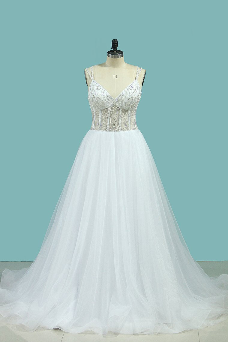 2024 A Line Spaghetti Straps Wedding Dresses Beaded Bodice Tulle Court Train