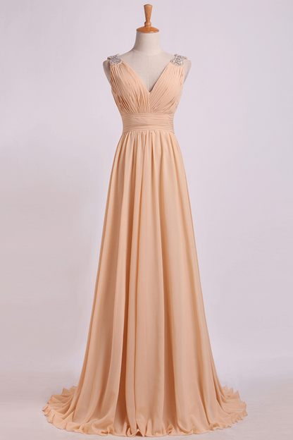 2024 Bridesmaid Dress V Neck A Line Floor Length Chiffon With Beads