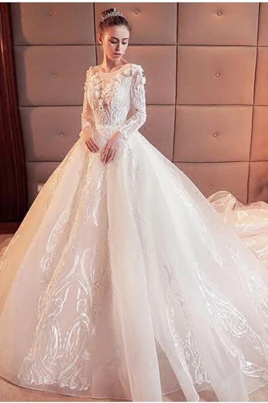 2024 Gorgeous Scoop Lace Appliques Flowers White Organza Long Sleeve Wedding SRS10080