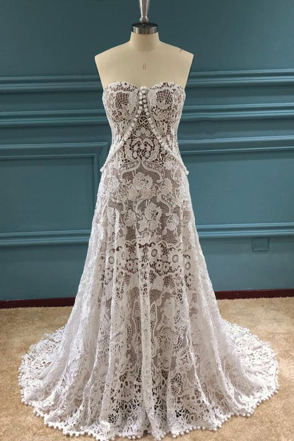 Elegant A Line Lace Appliques Sweetheart Strapless Wedding Dresses, Bridal SRS20408