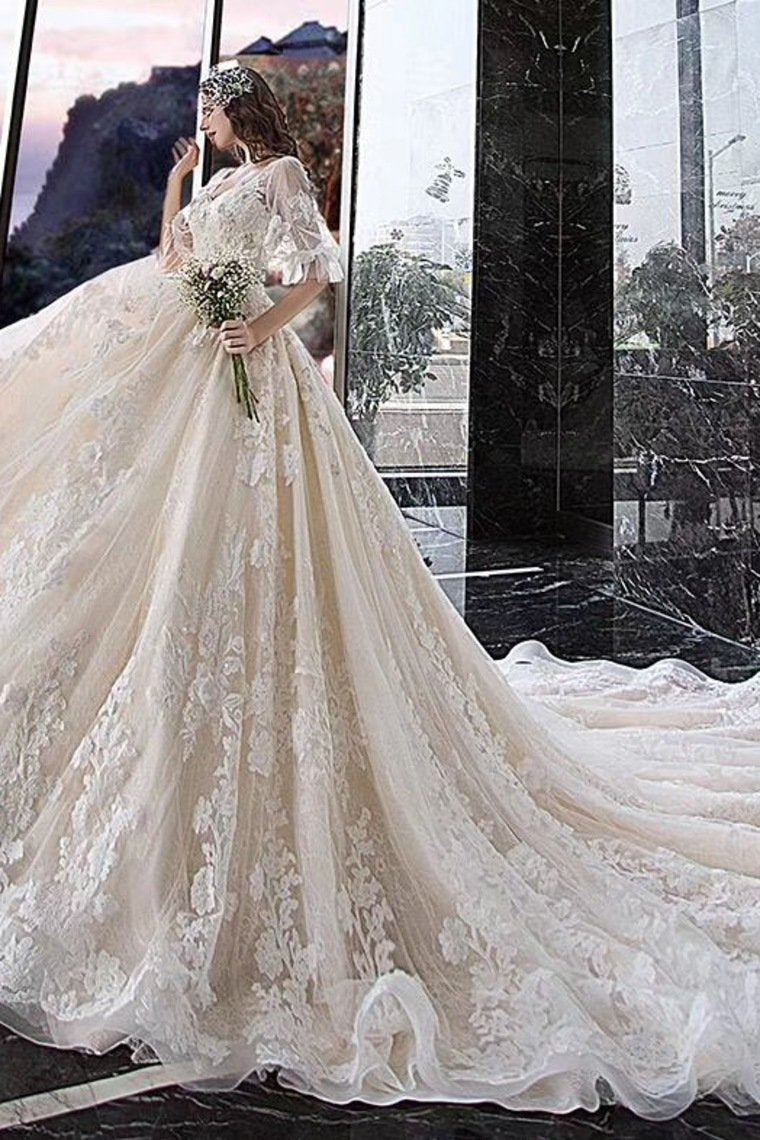 Ball Gown Wedding Dresses V Neck Half Sleeves Appliques Lace Up Back