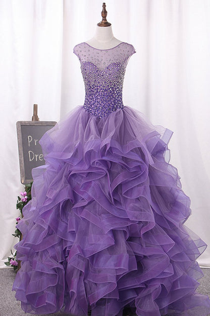 2024 Tulle Quinceanera Dresses Ball Gown Scoop Beaded Bodice Floor Length