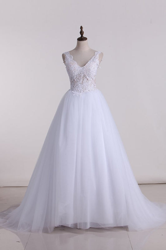 V Neck With Applique Wedding Dresses Tulle A Line Chapel Train