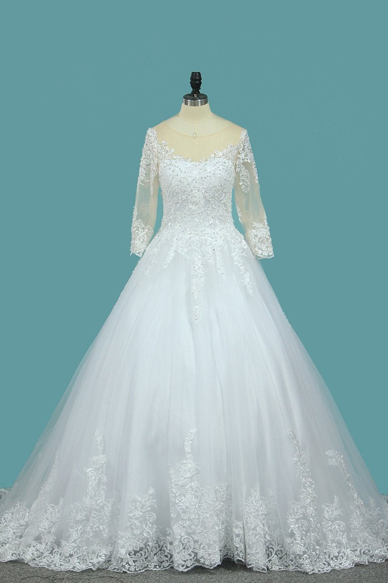 2024 A Line 3/4 Length Sleeves Tulle Scoop Wedding Dresses With Applique