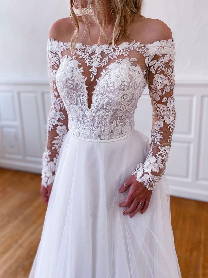 White lace tulle long wedding dress, white lace tulle evening dress