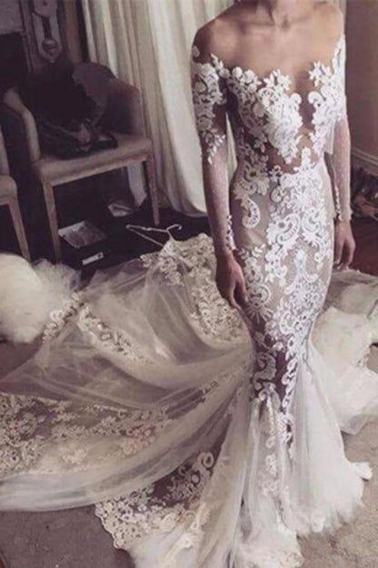 Illusion Neckline Lace Appliques Mermaid Long Sleeves Court Train Ivory Wedding Dresses