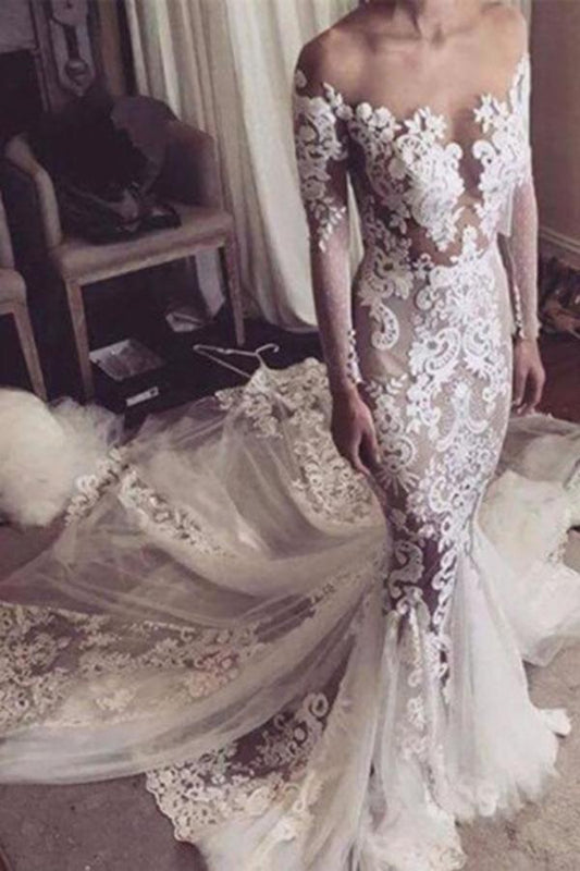 Illusion Neckline Lace Appliques Mermaid Long Sleeves Court Train Ivory Wedding Dresses JS846