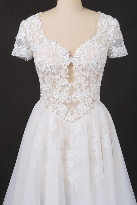 A-line Short Sleeves Beads V Neck Lace Applique Wedding Dresses, Bridal Dress SRS15051