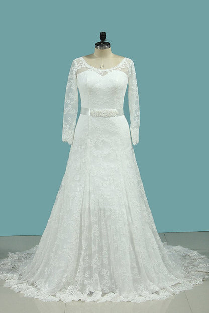 2024 Scoop Long Sleeves Lace Wedding Dresses With Applique And Sash Court Train