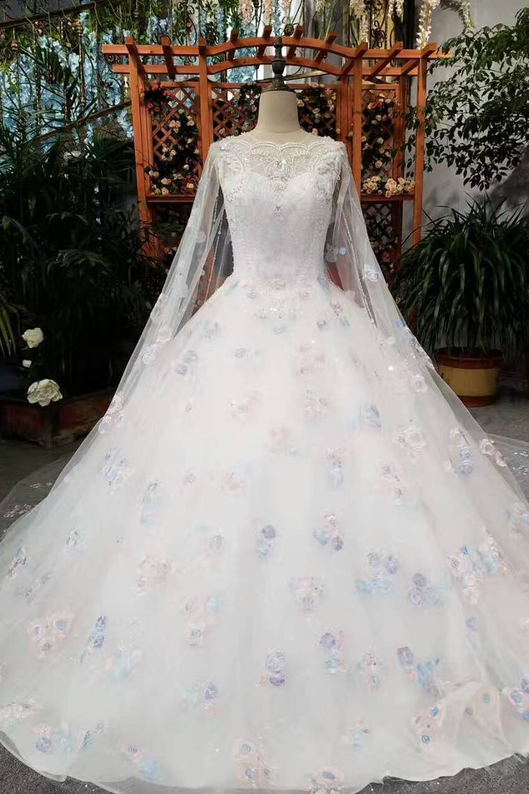 Hot Selling Scoop Neck Wedding Dresses Lace Up With Appliques And Handmade Flowers