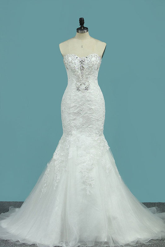 2024 Strapless Mermaid/Trumpet Wedding Dresses Court Train With Beads And Applique