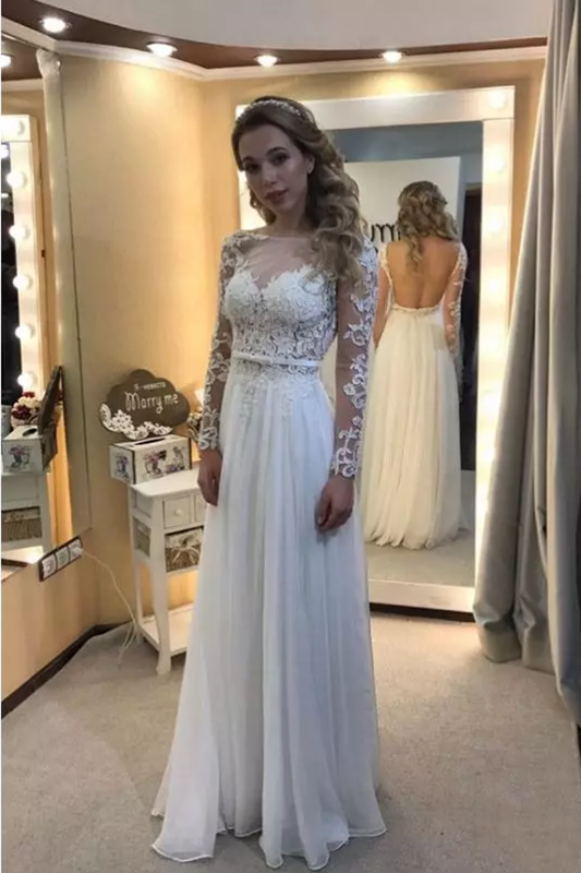 Wedding Dresses Bateau Long Sleeves Open Back Chiffon With Applique