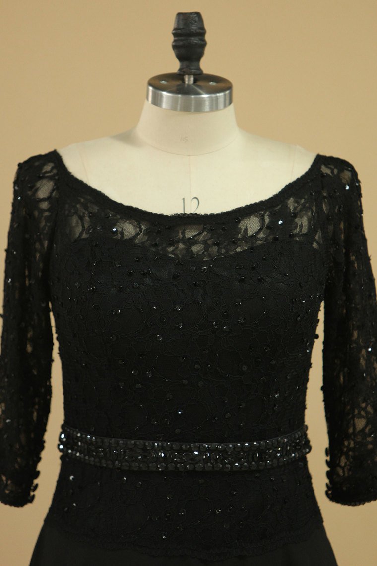 Black Mother Of The Bride Dresses 3/4 Length Sleeve A Line Chiffon Lace Sweep Train