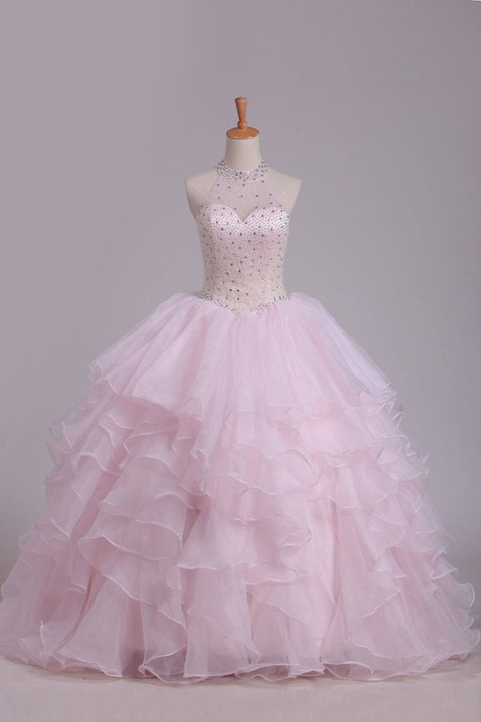 2024 Halter Ball Gown Beaded Bodice Open Back Quinceanera Dresses Organza Floor Length