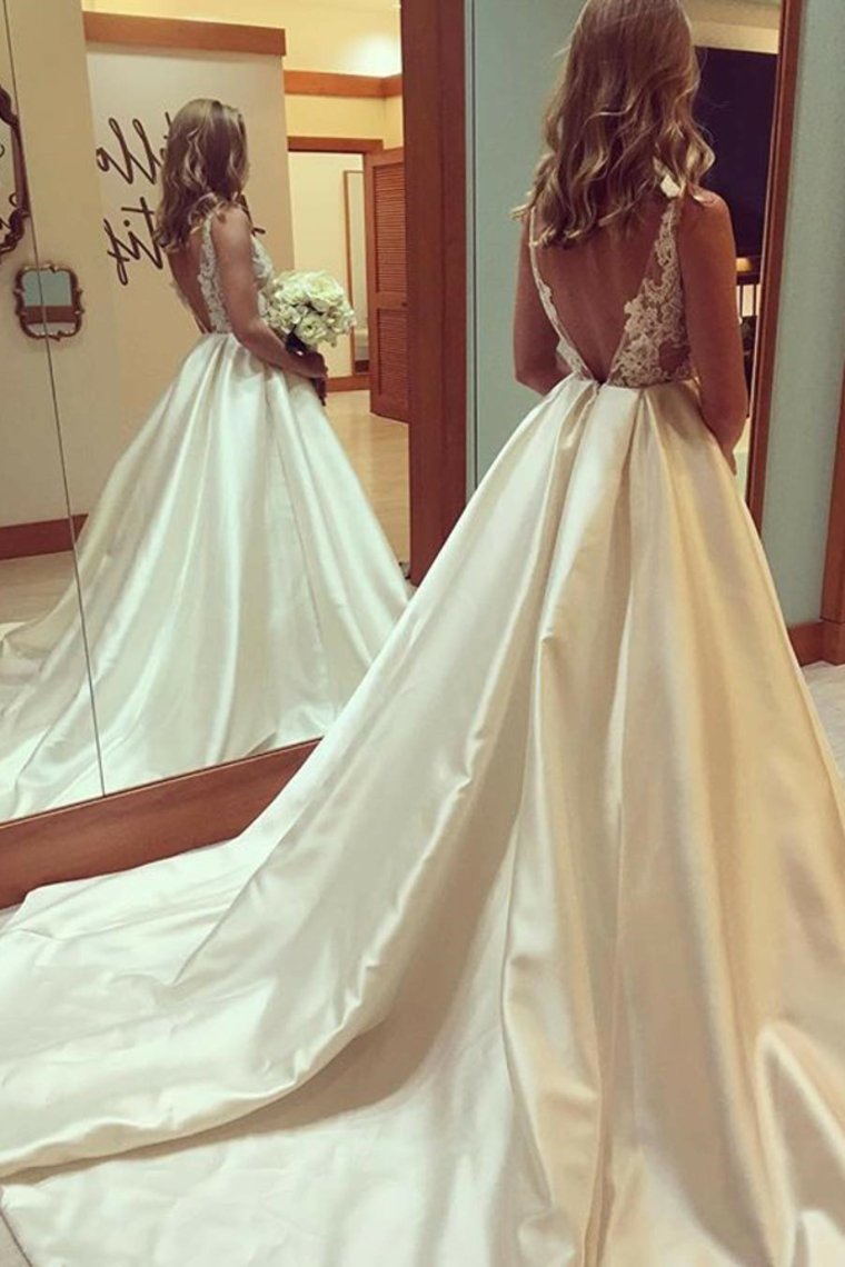 Pretty Open Back Long Lace Satin Elegant Wedding Dresses