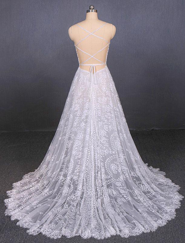 Spaghetti Straps V Neck Lace Off White Wedding Dresses with Criss Cross Bridal Dresses SRS15422