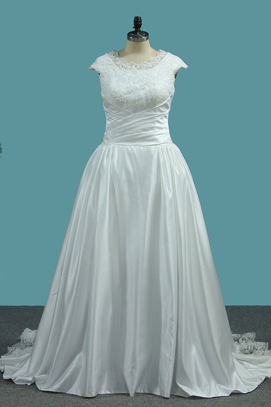 2024 Scoop Cap Sleeve Wedding Dresses A Line Satin With Ruffles And Applique Sweep Train