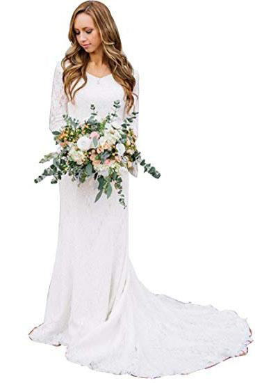 Vintage A Line Bohemian Lace Chiffon 3/4 Sleeve Scoop Wedding Gowns Bridal Dresses JS277