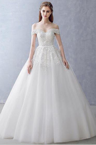 White Off-the-Shoulder Ball Gown Beads Sweetheart Floor-Length Wedding Dress