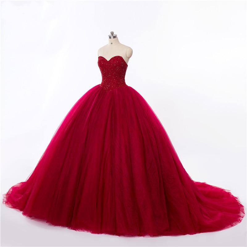 New Style Red Tulle Lace up Sweetheart Strapless Beads Ball Gown Prom Quinceanera Dress JS512