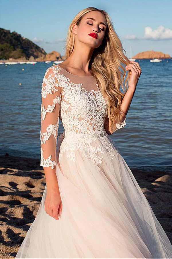 Tulle Scoop Neckline Pink A-line Lace Appliques Long Sleeves Bowknot Wedding Dresses JS311