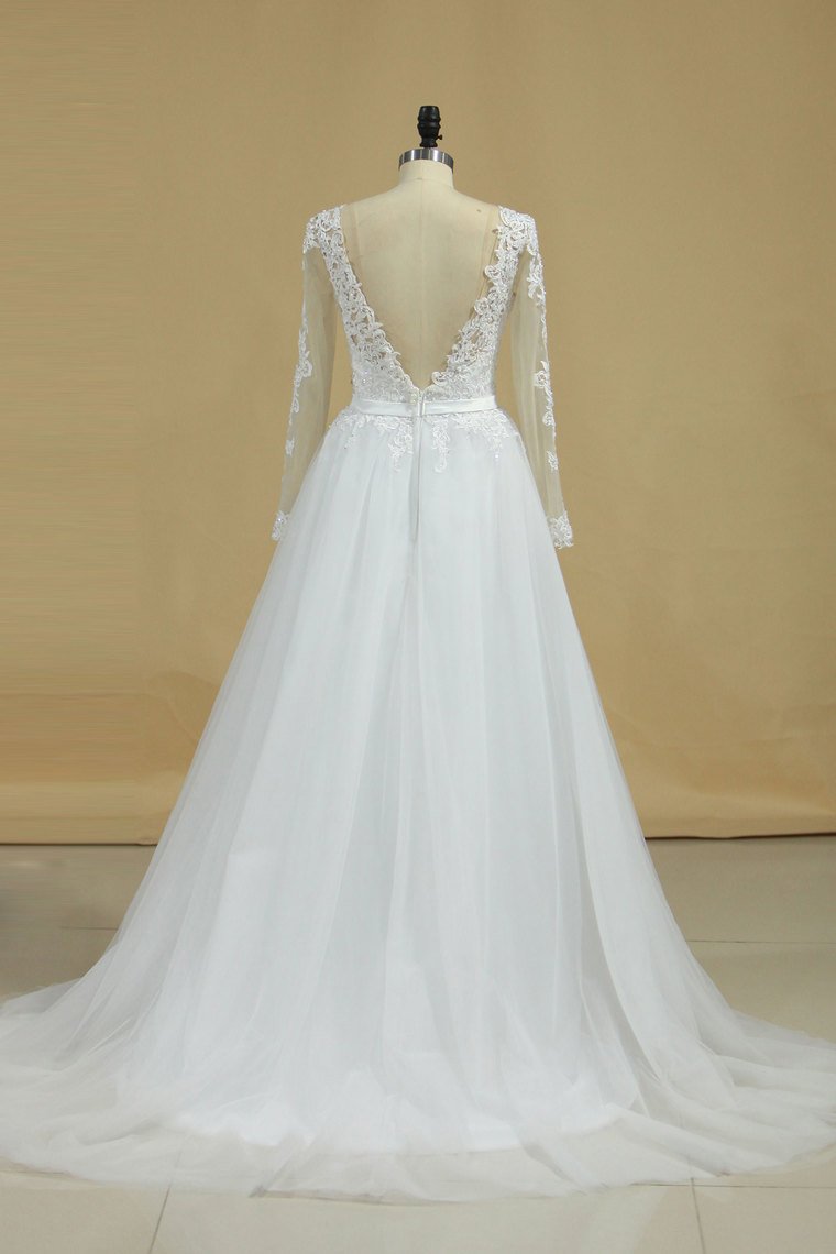 2024 Boat Neck Wedding Dresses A-Line Long Sleeves Applique  Tulle