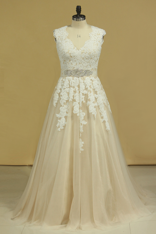 2024 Plus Size V Neck Wedding Dresses Tulle With Applique Court Train Tulle