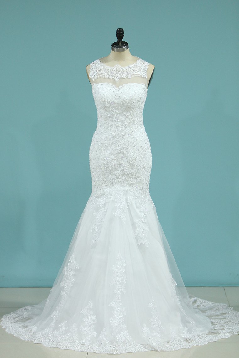 Wedding Dresses Mermaid Scoop Sweep Train Tulle With Applique