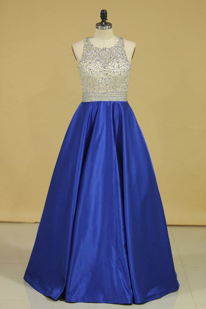 2024 Royal Blue Scoop Open Back Beaded Bodice A Line Prom Dresses Satin & Tulle Plus Size