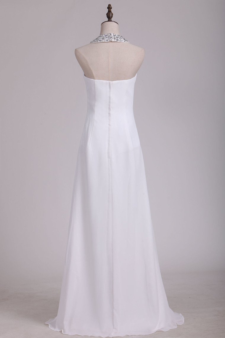 White Halter Bridesmaid Dresses With Beading Floor Length Chiffon