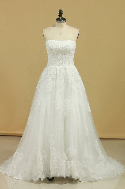 Wedding Dresses Strapless Tulle With Applique A Line Court Train