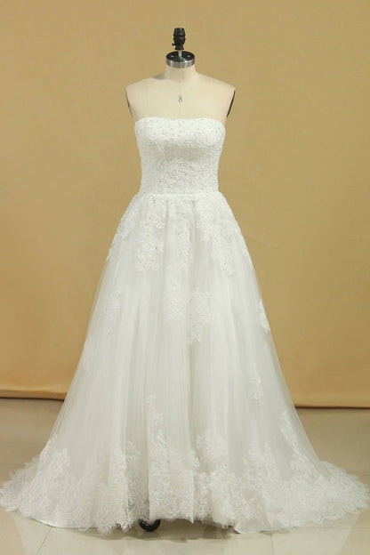 2024 Wedding Dresses Strapless Tulle With Applique A Line Court Train