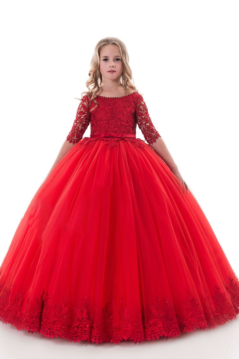 New Arrival Scoop Ball Gown Flower Girl Dresses Mid-Length Sleeves Tulle