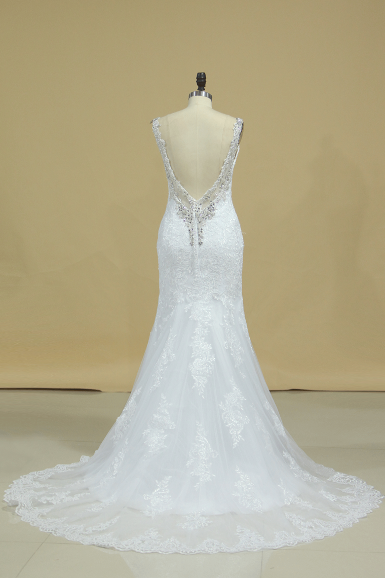 2024 Spaghetti Straps Wedding Dresses Mermaid Open Back With Applique And Beads Tulle