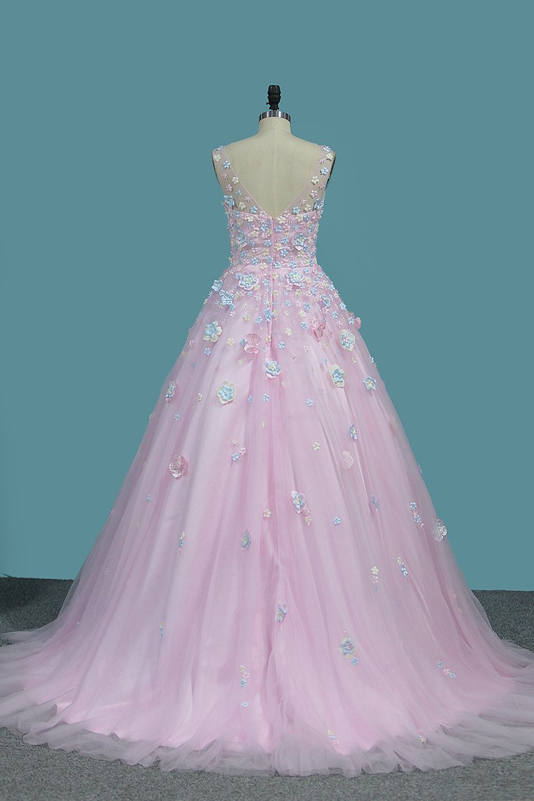 2024 Quinceanera Dresses A-Line Tulle With Applique Sweep Train Zipper Back