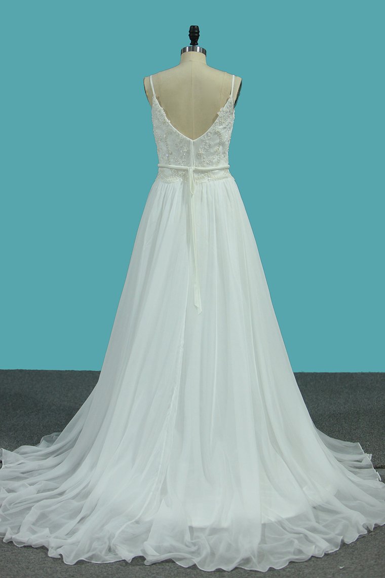 2024 A Line Spaghetti Straps Chiffon Wedding Dresses With Applique