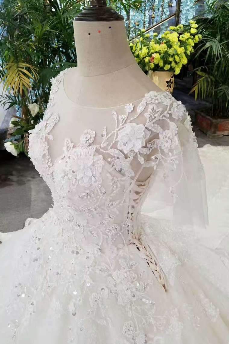 Luxurious Wedding Dresses Scoop Neck With Appliques And Sequins Lace Up Long Sleeves